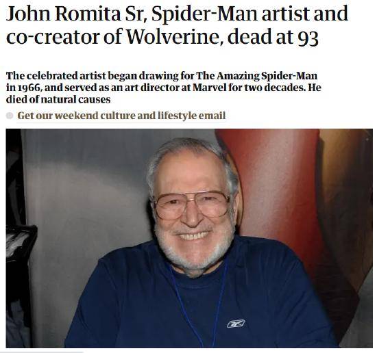漫画家约翰尼·罗密特去世 参与作品《超凡蜘蛛侠》等 